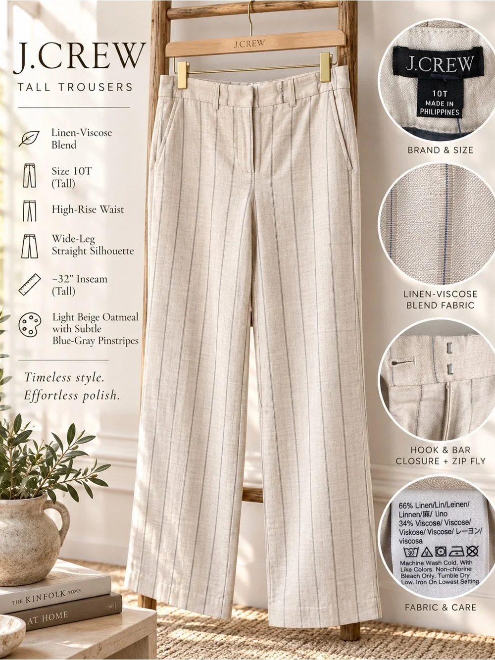 J.Crew Linen Blend Pinstripe Wide Leg Trousers Size 10T Tall Beige Work Pants